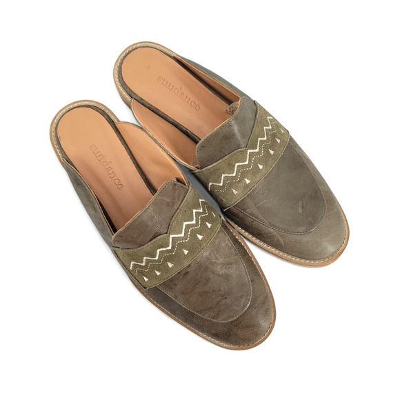 Sundance Green Leather Mule Slides Women’s Size 38 | Western Embroidered Slip-On - Picture 2 of 4